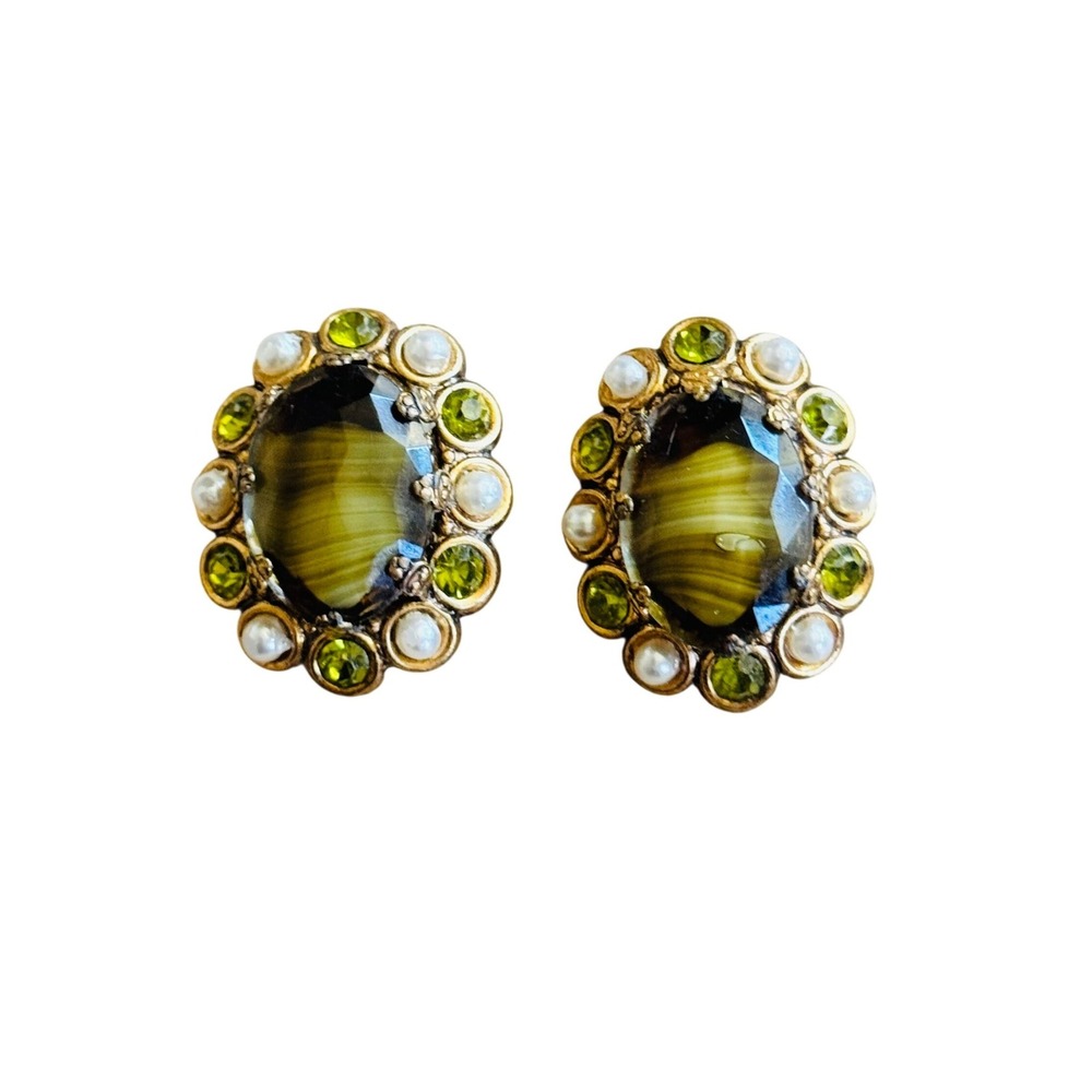 VTG Western Germany Earrings Porphyry Glass Pearl Cabochon Clip Gold Rhinestone